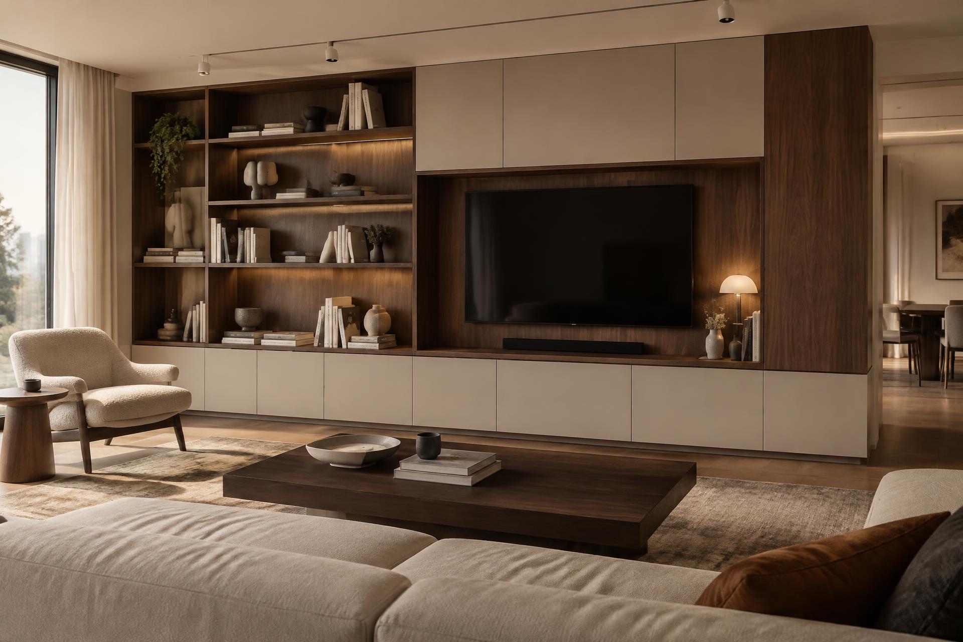Bespoke walnut and lacquered wall unit with open shelves in a living room