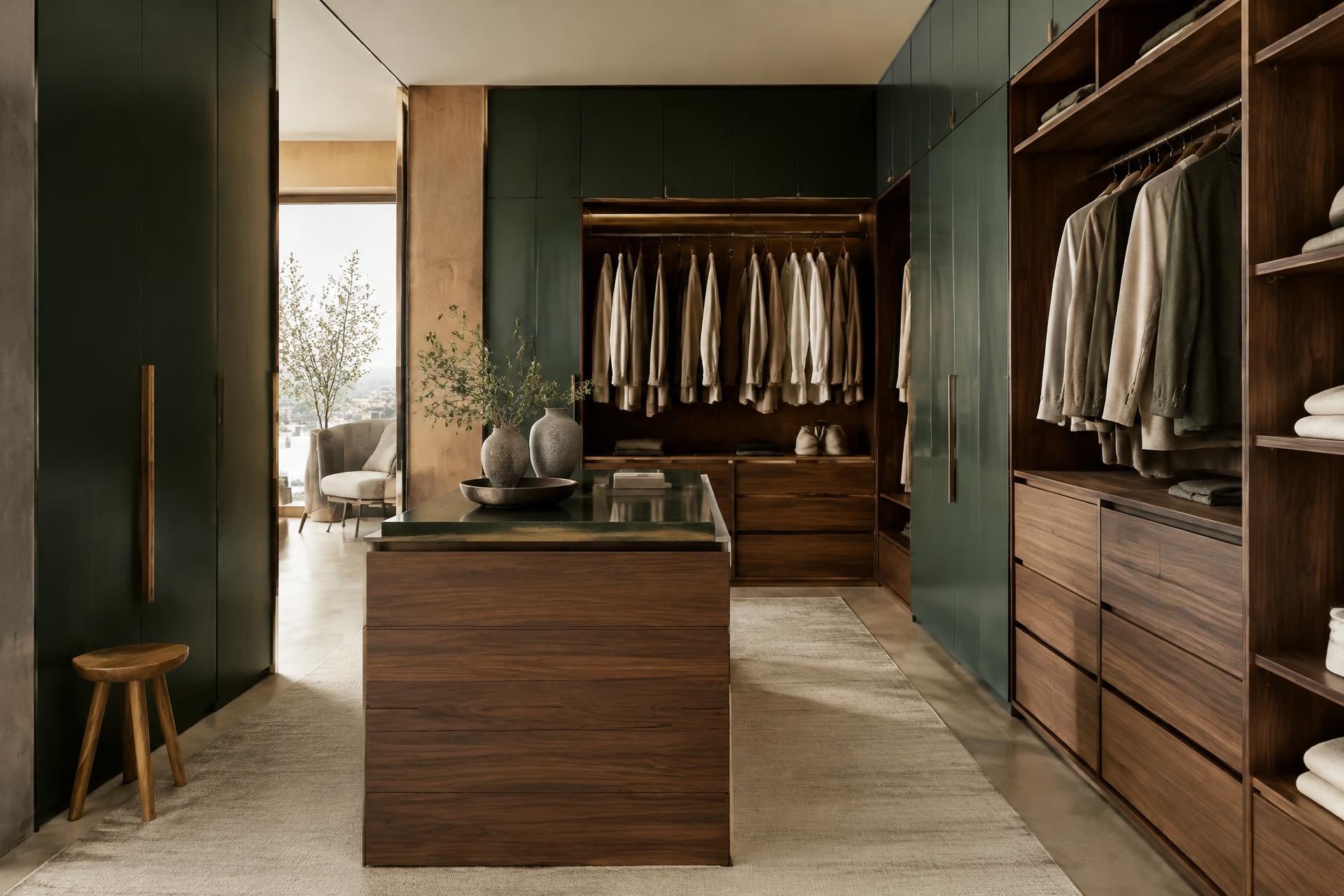 Walk-in dressing room with green and walnut built-in wardrobes