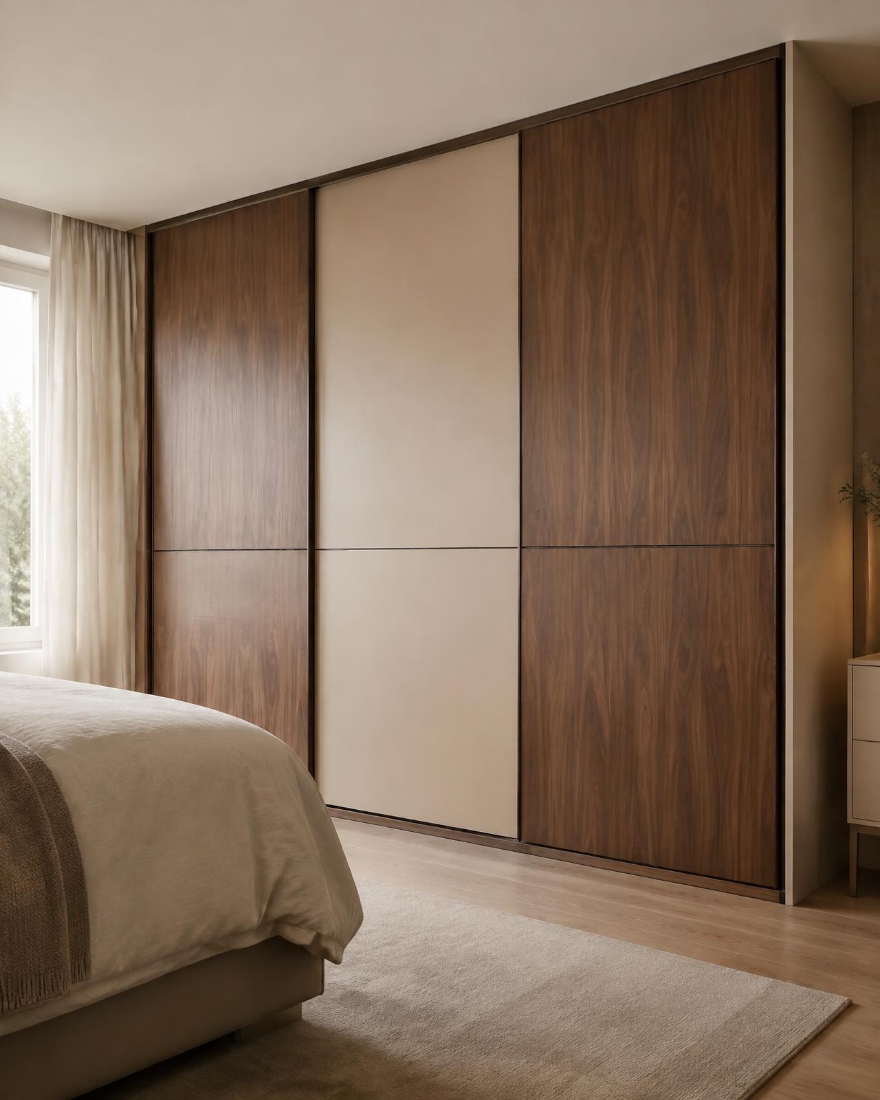 Bespoke walnut wardrobe in a light-filled bedroom