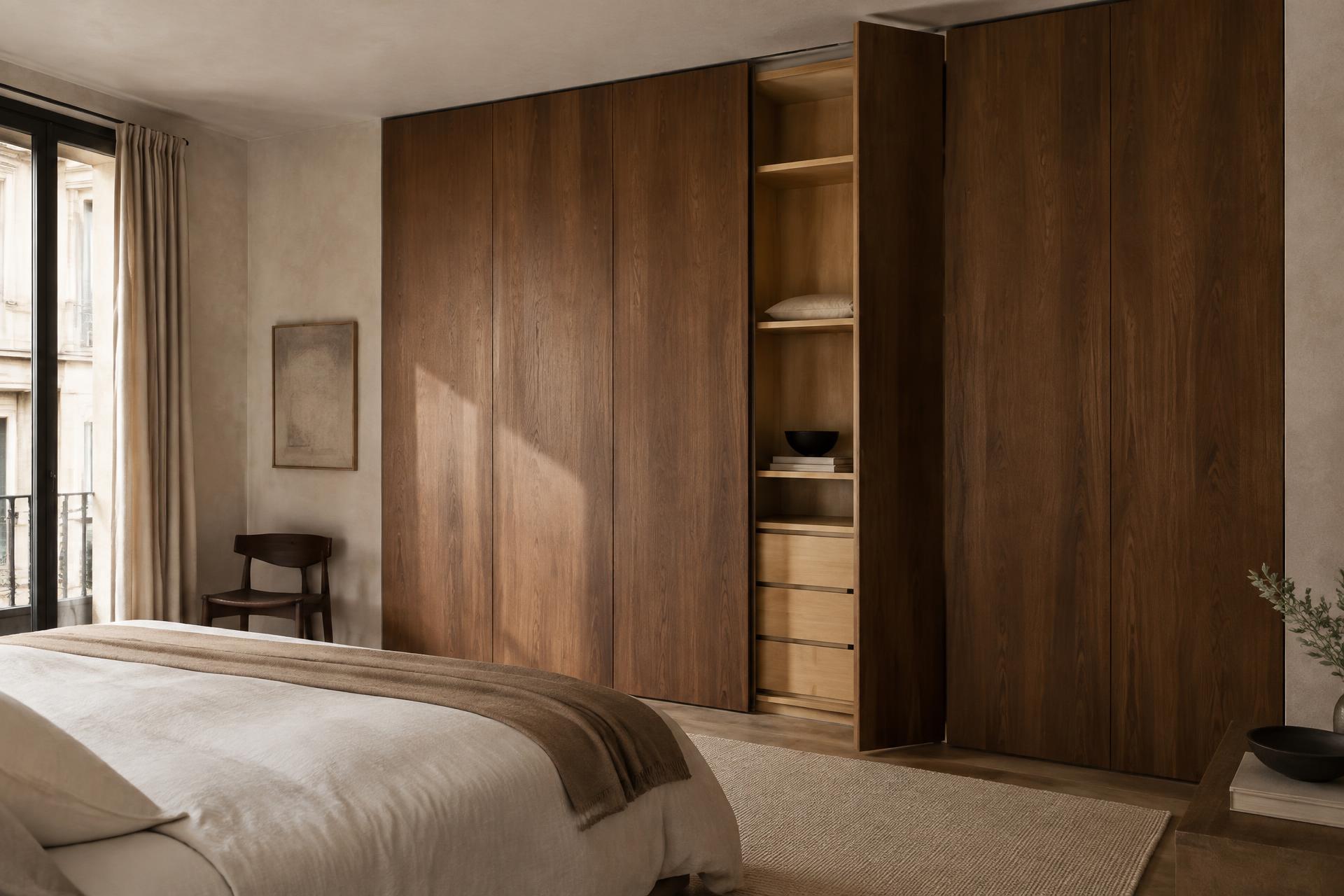 Floor-to-ceiling walnut veneer wardrobe in a calm, sunlit bedroom